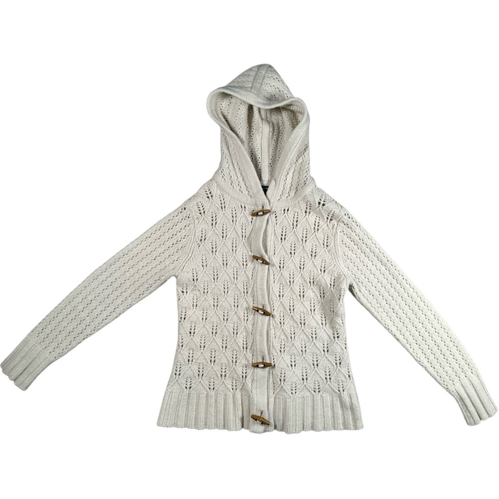 Eddie Bauer Wool Blend Cardigan Sweater Wood Toggle Buttons Cream Large Hood